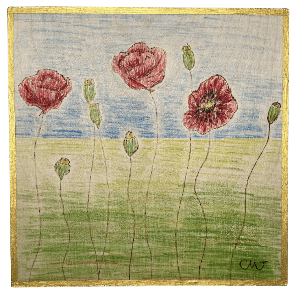 Remembrance | Wood Burn and Colored Pencils on Wood Panel | 10" x 10" | $105