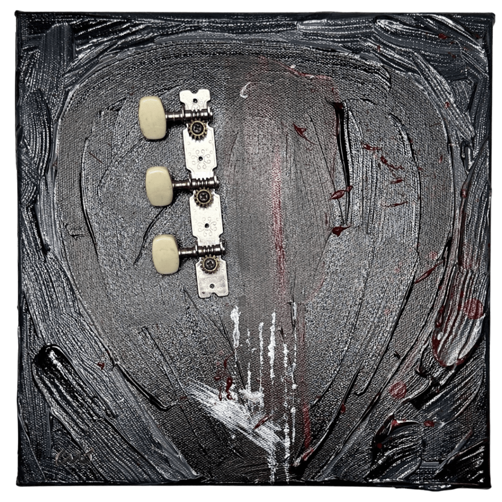 While My Guitar | Acrylic and Guitar Parts on Canvas | 10" x 10" | $85